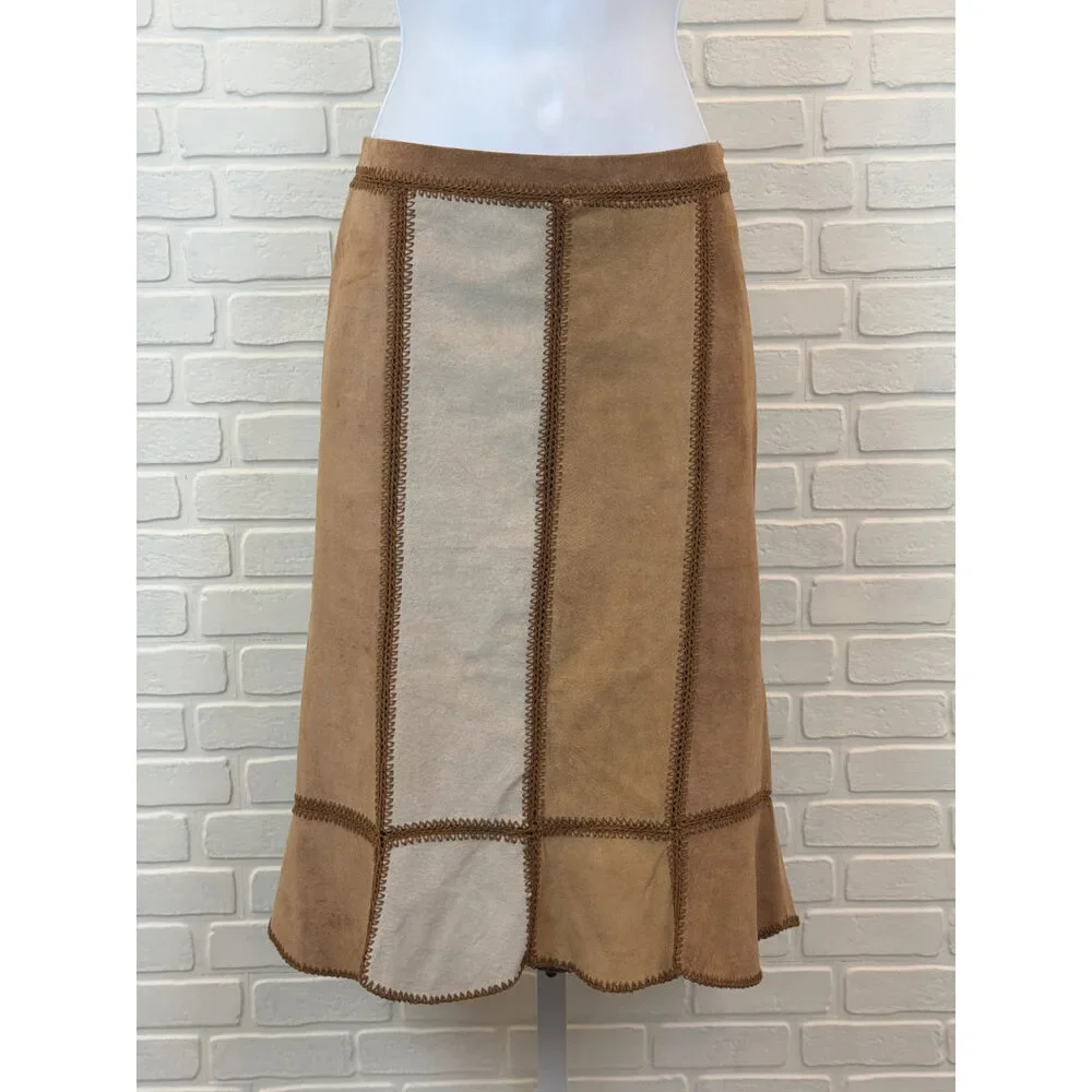 Vintage Express Western Patchwork Suede Leather Skirt Tan Size 9/10
